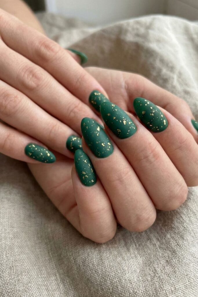 Matte Forest Green with Gold Speckles Nails