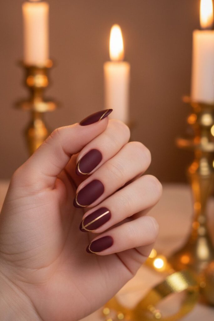 Burgundy & Gold Almond Nails