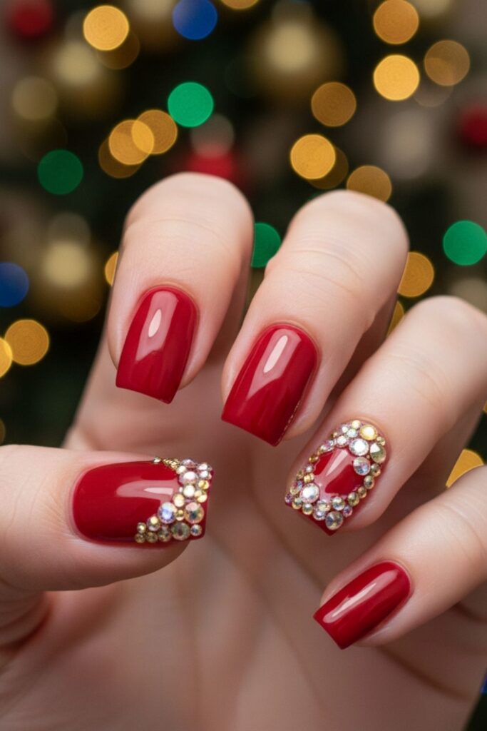 Red Rhinestone Glam Nails