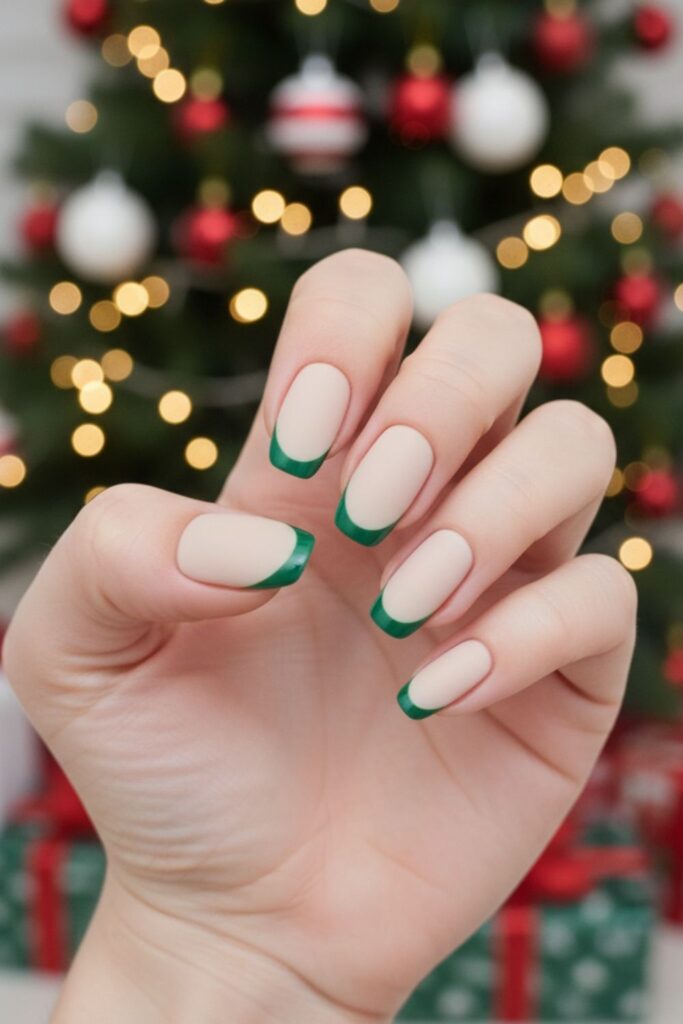 Oatmeal Cream with Pine Green Tip Nails