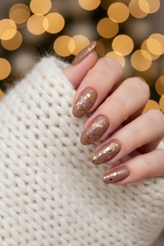 Soft Taupe with Gold Flakes Nails