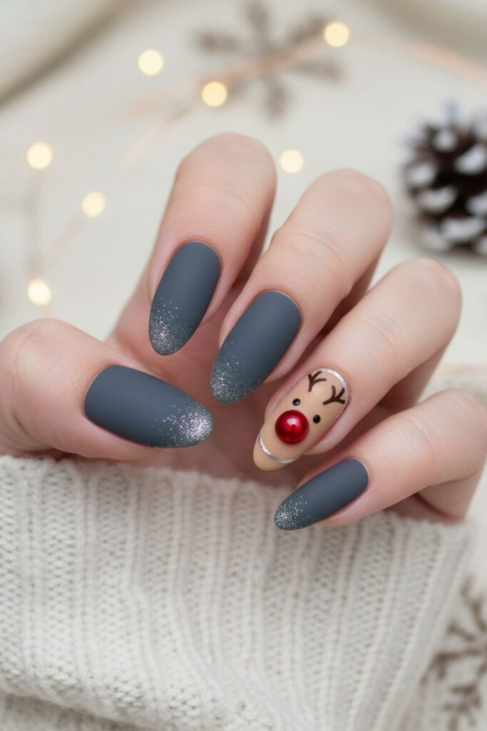 Slate Grey Almond with Red Dot Rudolph Accent Nails