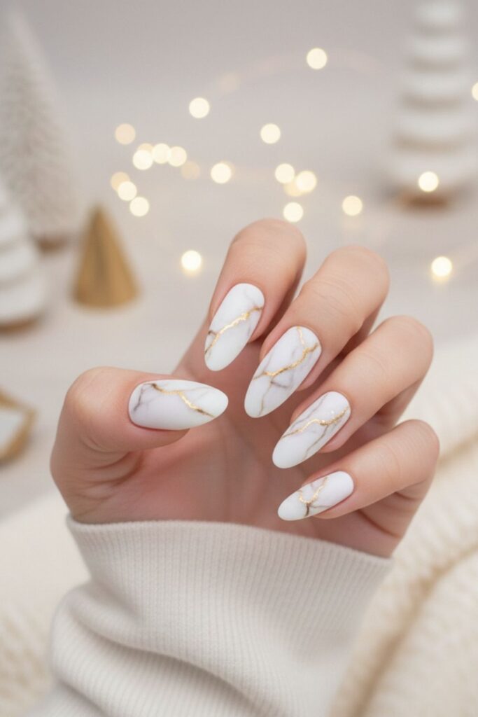 Frosted White Marble with Gold Vein Nails