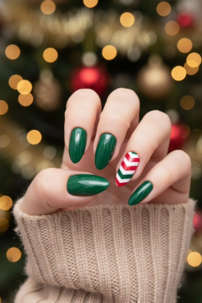 Emerald Chevron with White & Red Accent Nails