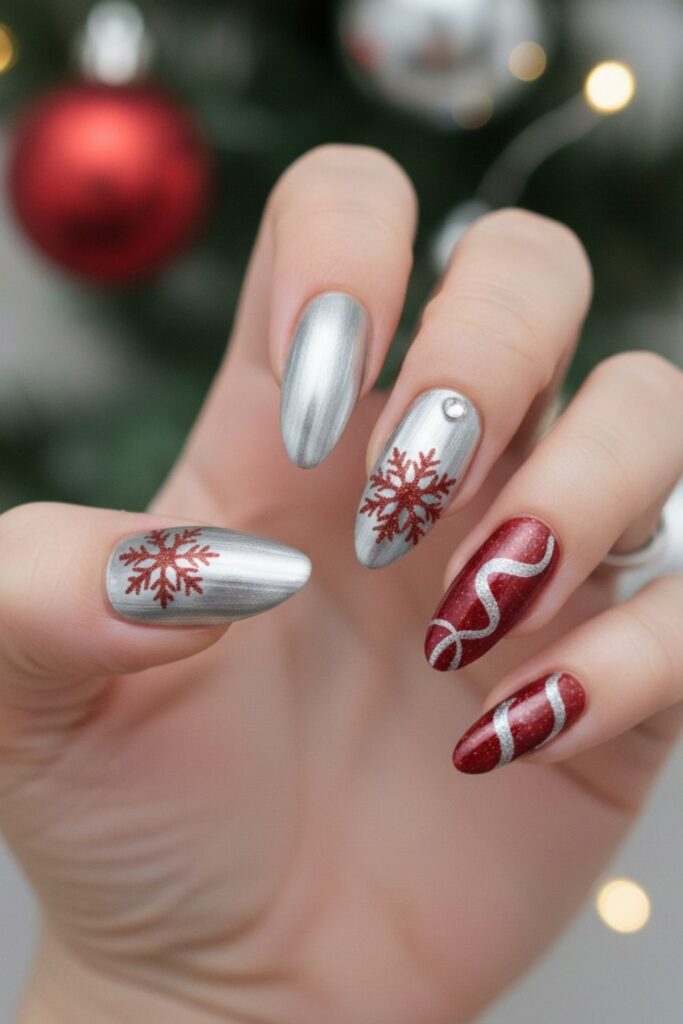 Metallic Silver & Red Combo Nails