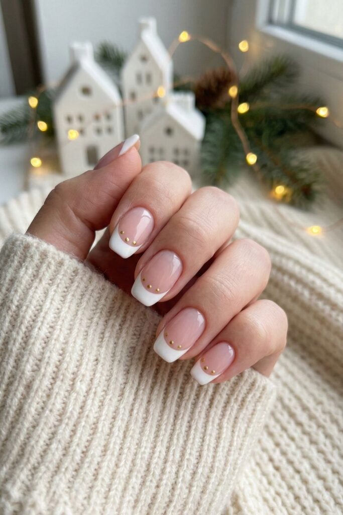 White French with Gold Dots Nails