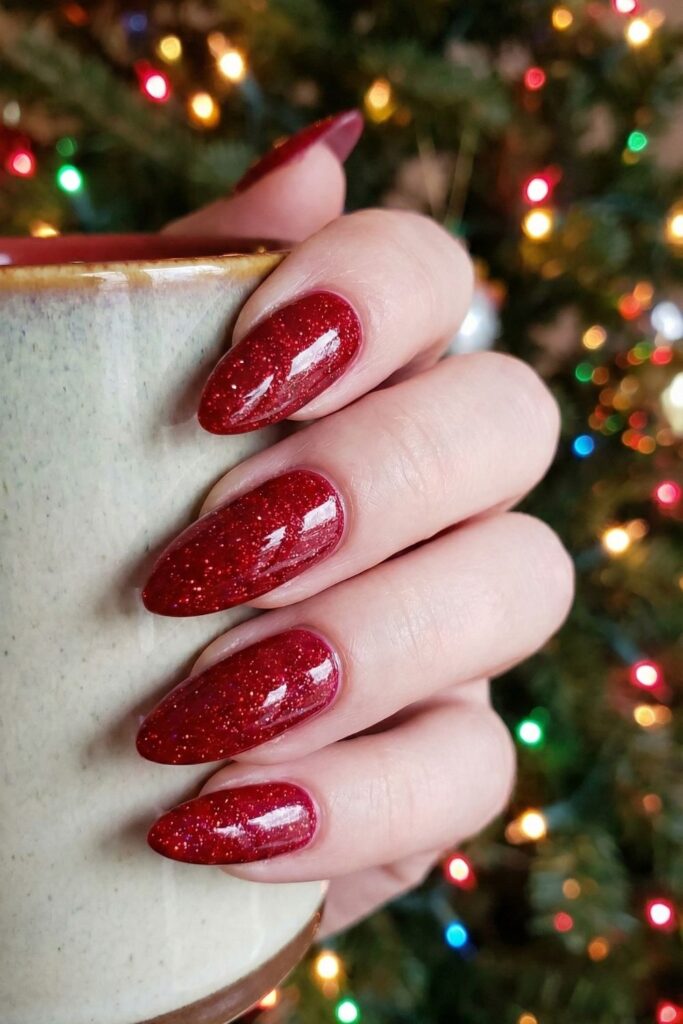 Red Glazed Nails with Micro-Glitter Nails