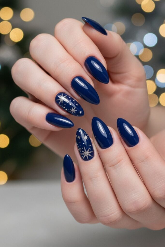 Midnight Blue Almond with Silver Stars Nails