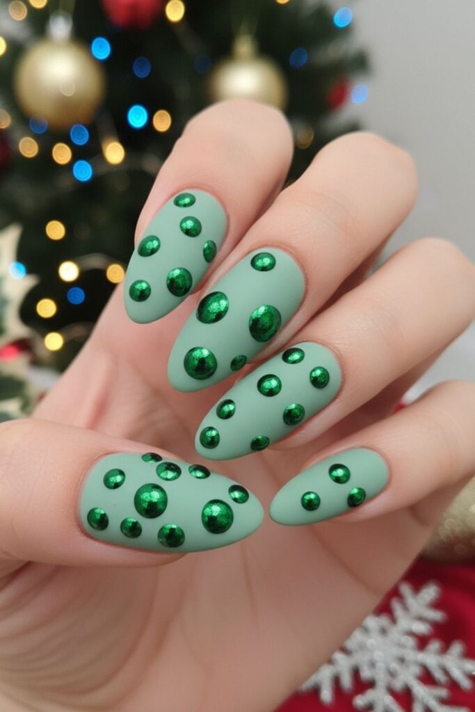 Soft Mint Matte with Glossy Green Dots Nails