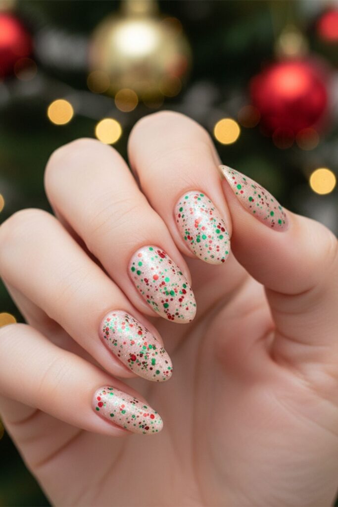 Pale Champagne with Confetti Red & Green Specks Nails