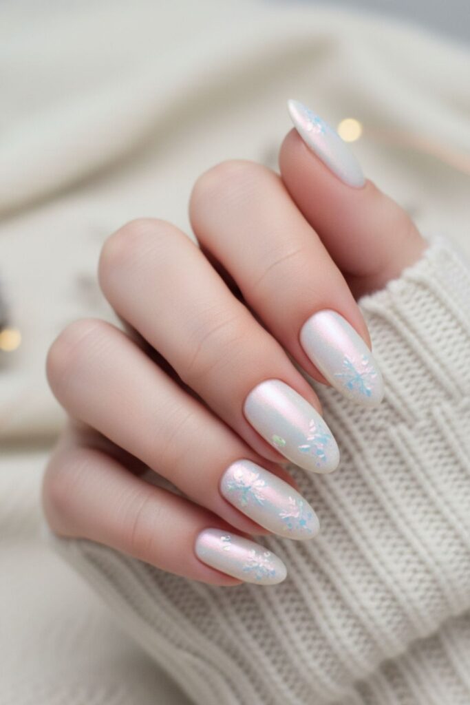 Pearl White Almond with Iridescent Snowflake Shard Nails