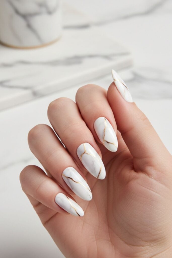 White Marble Almond with Gold Vein Nails