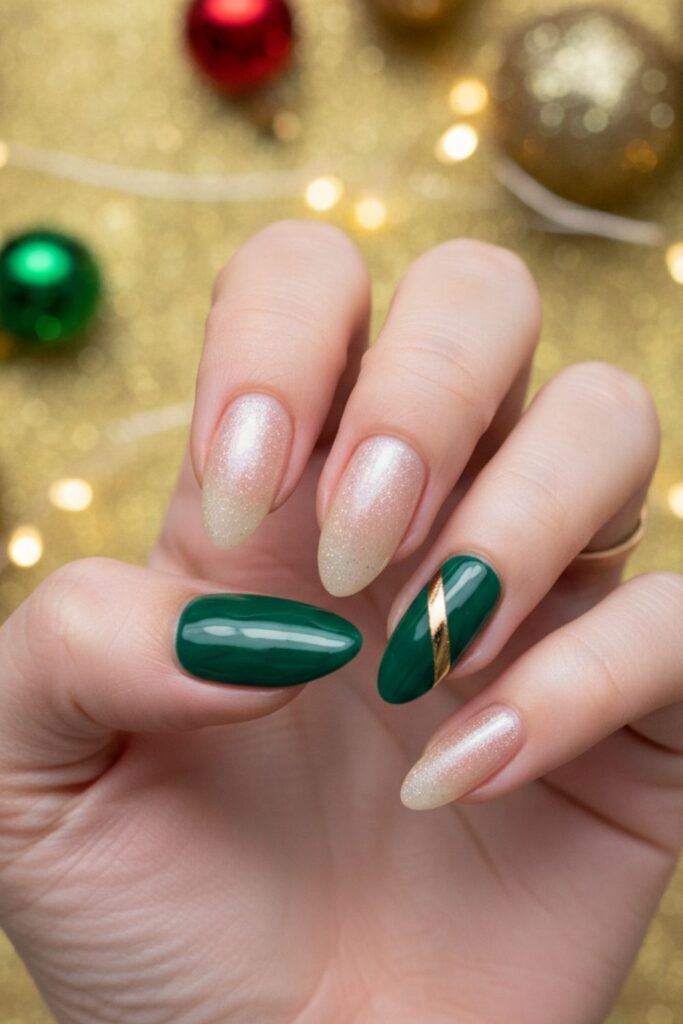 Champagne & Green Almond Nails