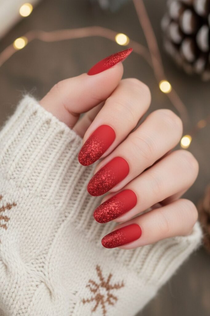 Red Glitter Ombre Almond with Matte Finish Nails
