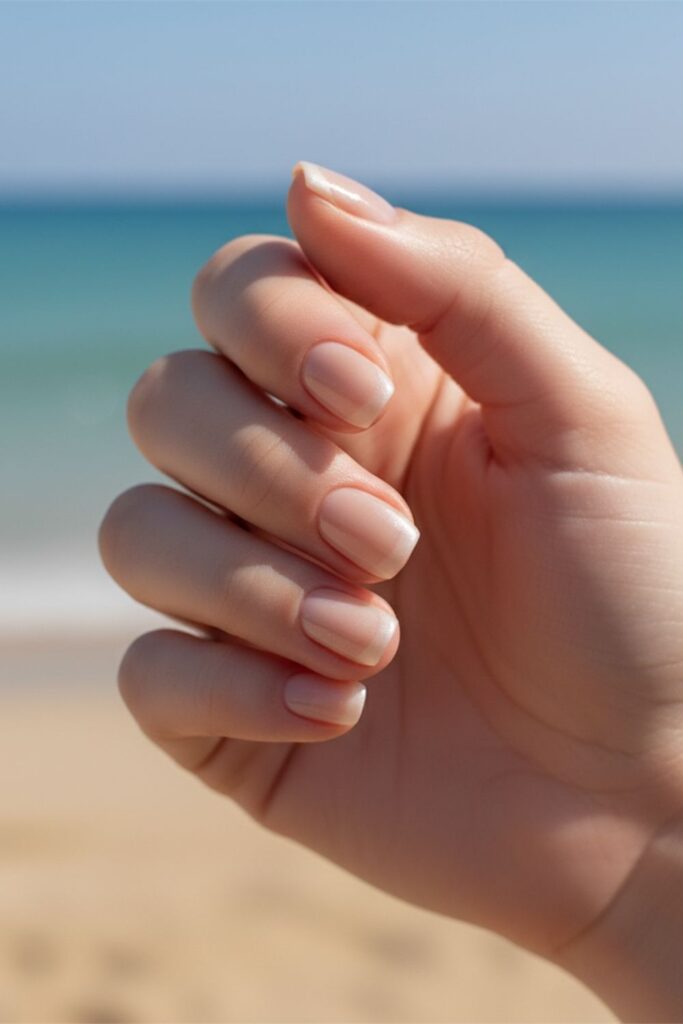 Sand Beige with Glossy Half-Moon Nails