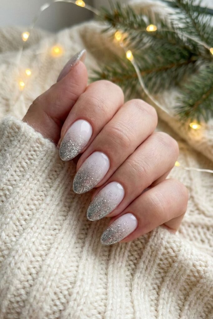 Rose White Glitter Ombre Nails