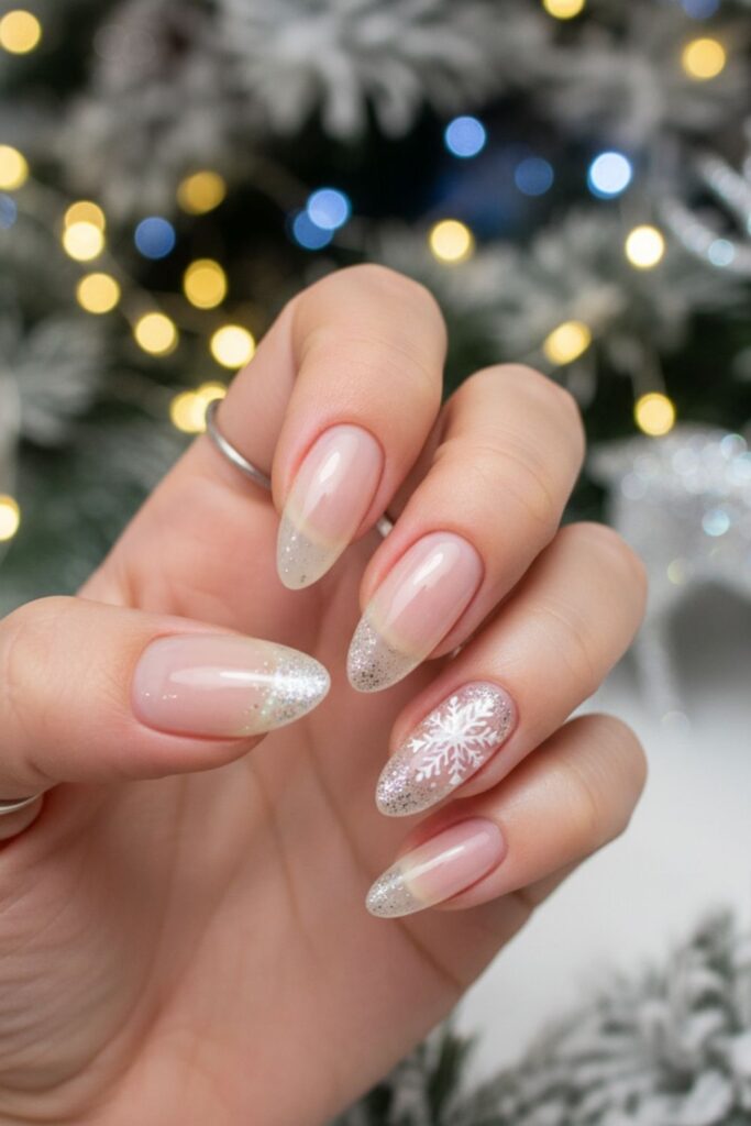 Nude Almond with Snowflake Accent Nails