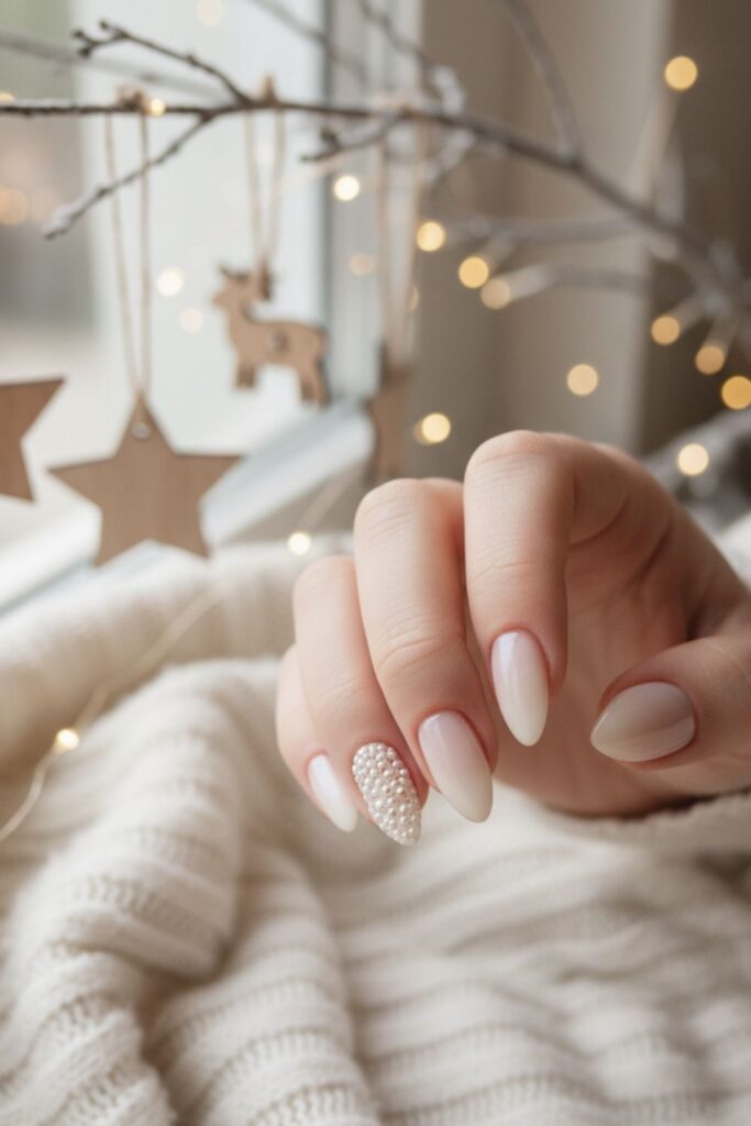 Soft Latte Nude with Micro-Pearl Accent Nails