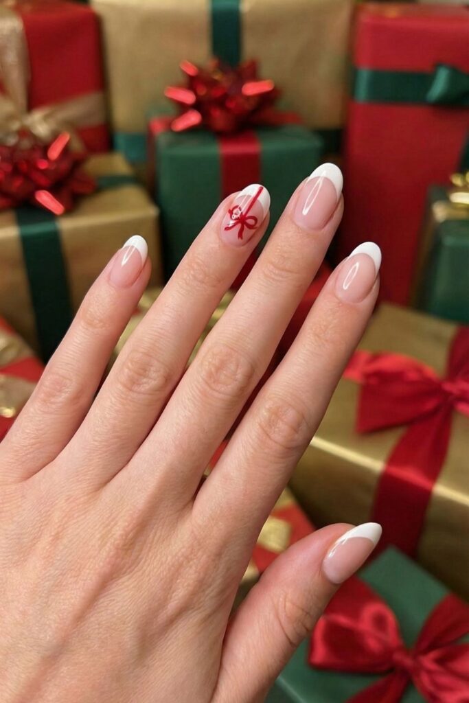 White French Tip with Red Bow Detail Nails