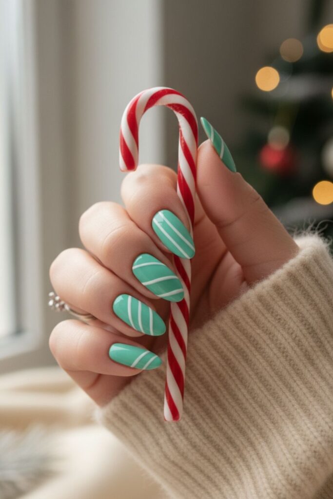 Mint Green Candy Cane Stripe Nails