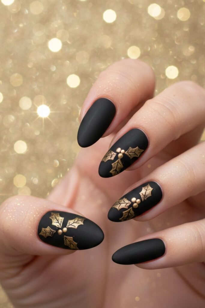 Matte Black & Gold Holly Nails