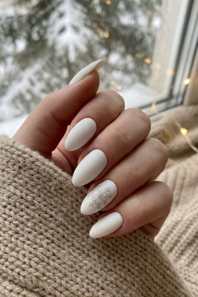 Snowflake Accent on Matte White Nails