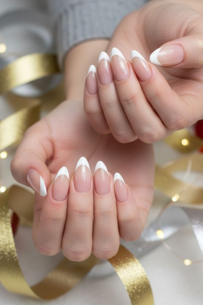 Champagne Nude Almond with White Tip Nails