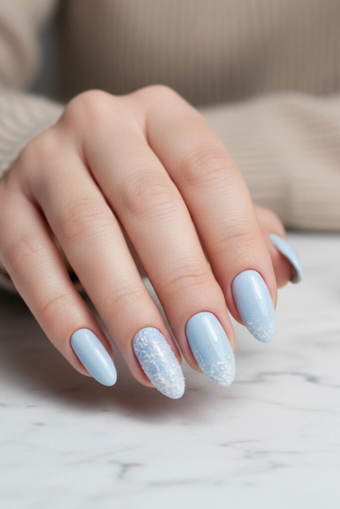 Pale Blue Frost Almond Nails