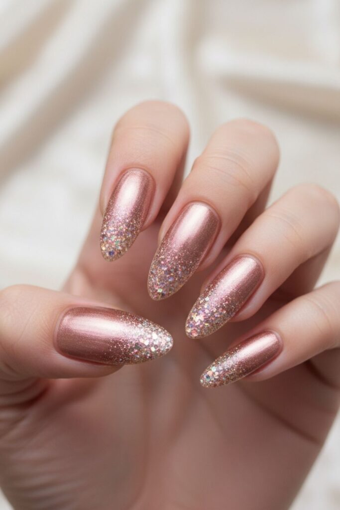 Rose-Gold Almond with Glitter Fade Nails
