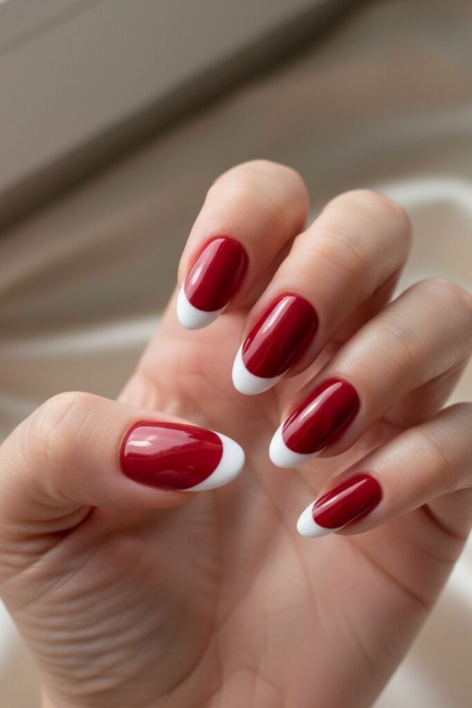 Classic Red Almond with White Tip Nails