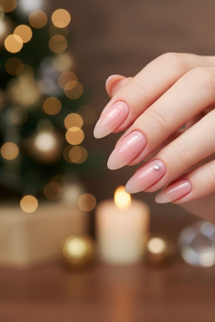 Rosy Nude Sheer with Tiny Rhinestone Nails