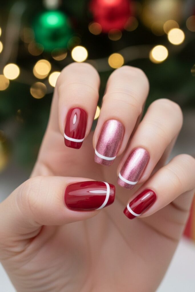 Candy-Cane Pink & Red French Nails