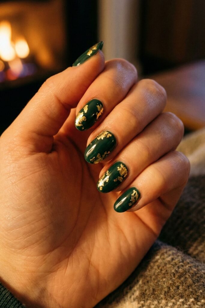 Dark Evergreen with Gold Foil Nails