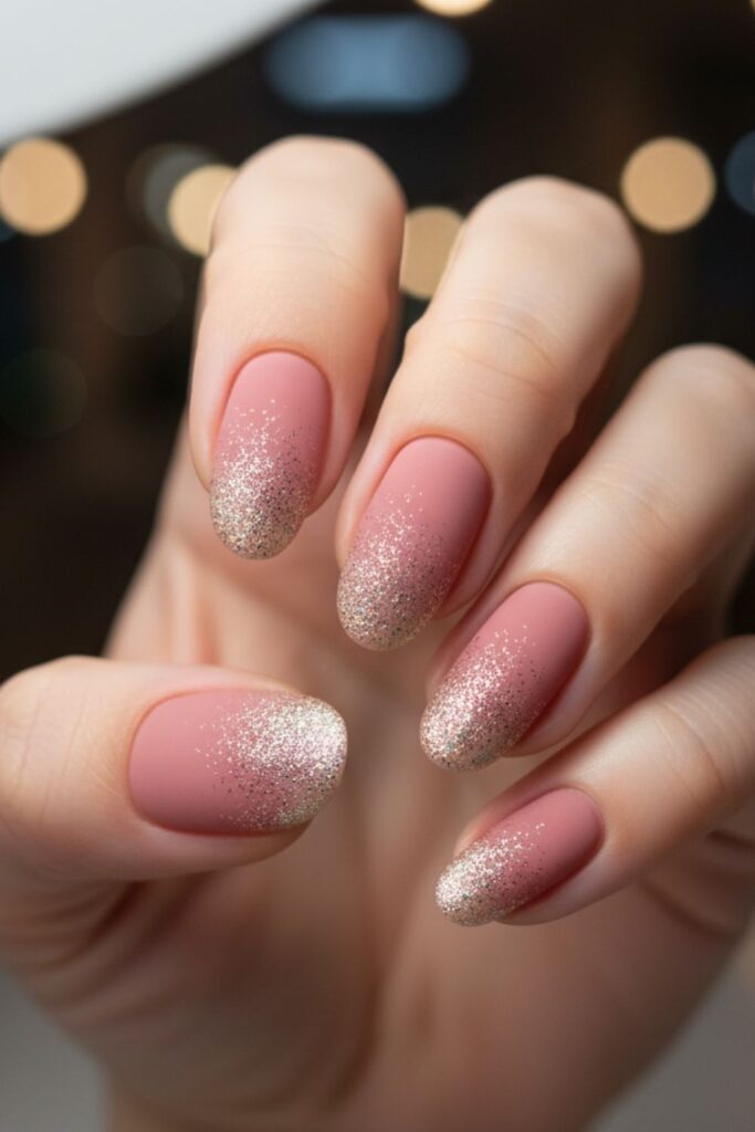 Misty Pink Glitter Fade Nails