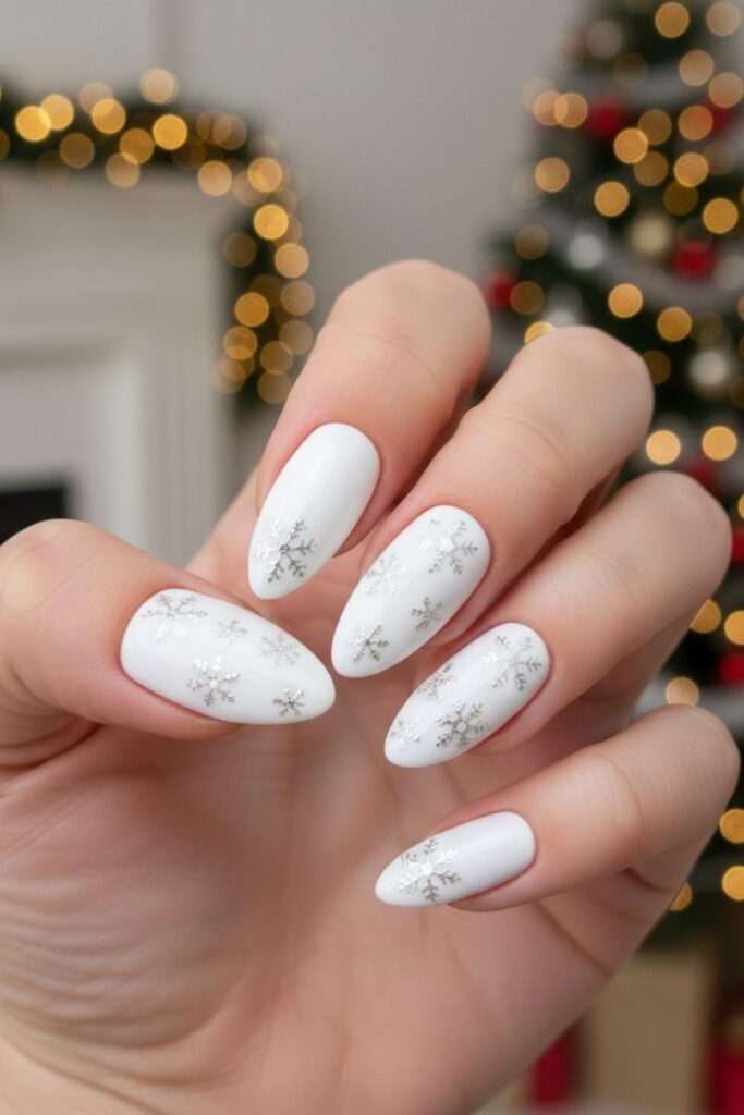 Snowflake White Almond Nails