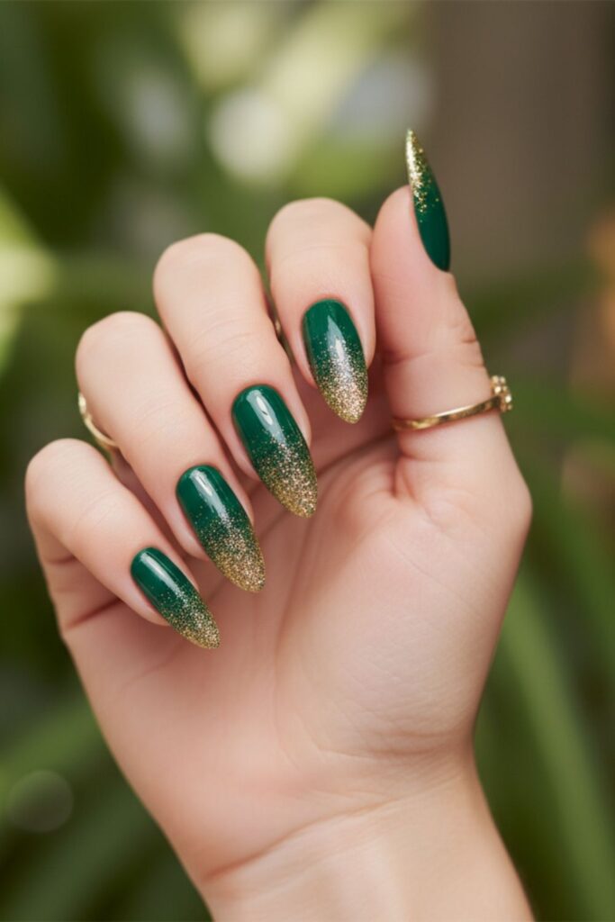 Evergreen Glitter Almond Nails