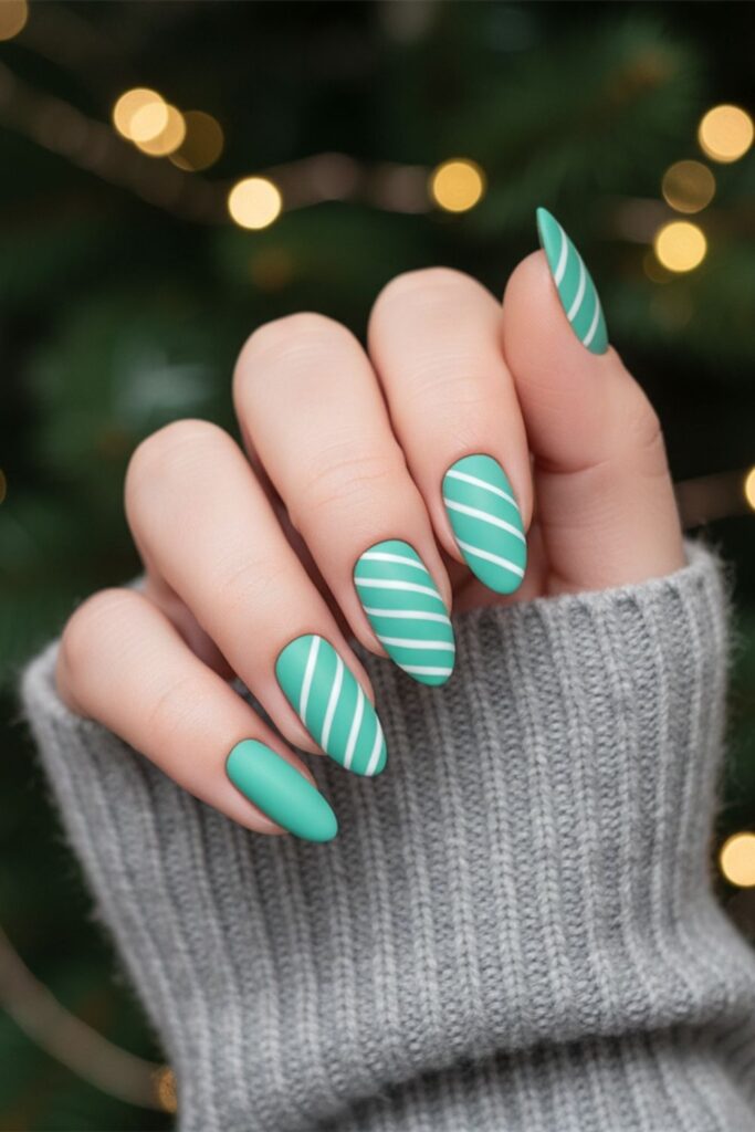 Mint Candy Cane Stripe Nails