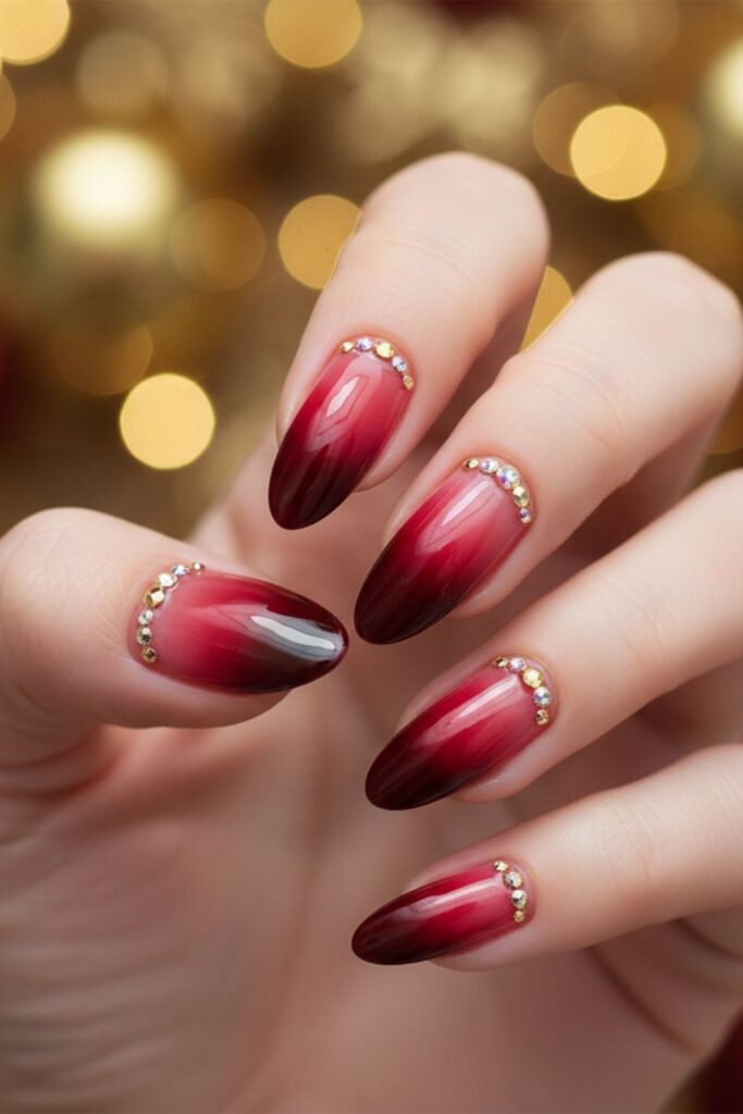 Crimson Red Ombré with Jewels Nails