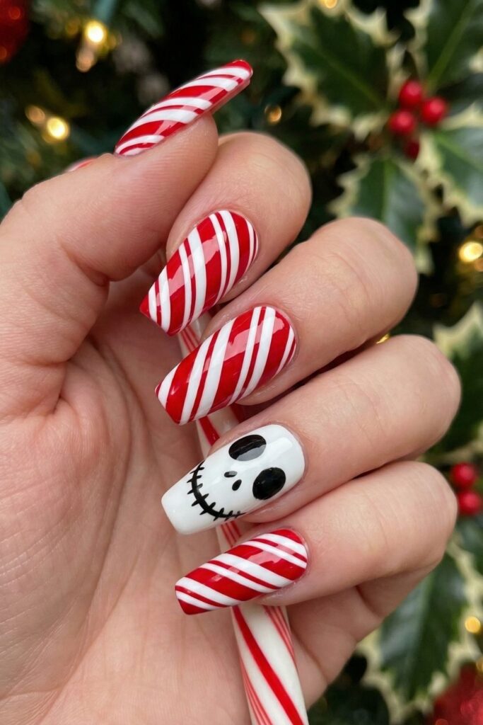 Candy-Cane Striped Jack Face Nails