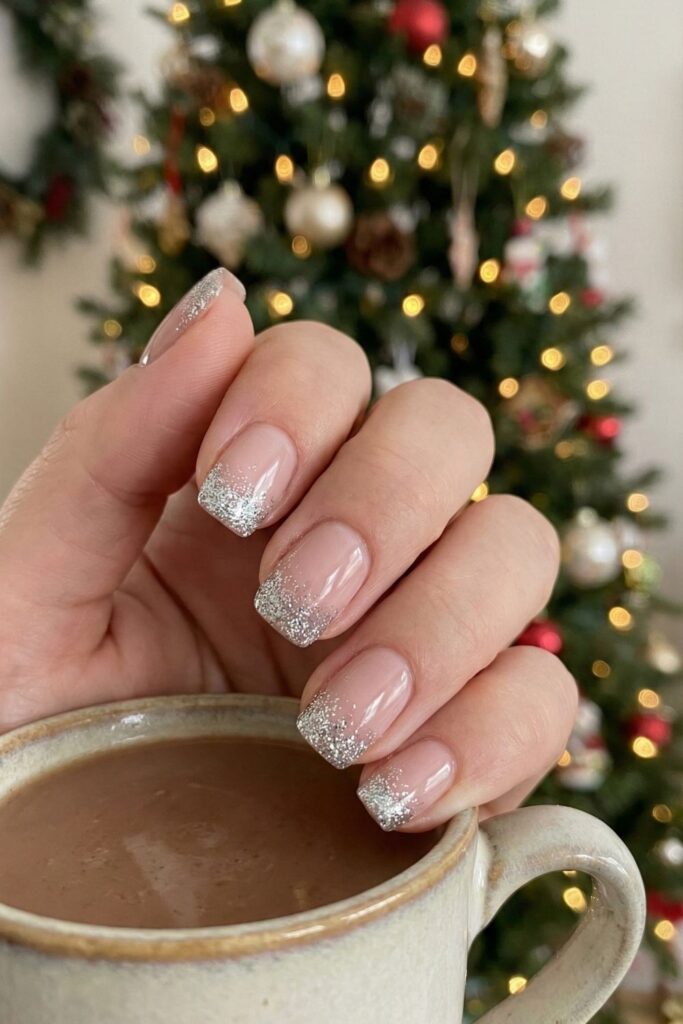 Glittery Silver Tips Nails