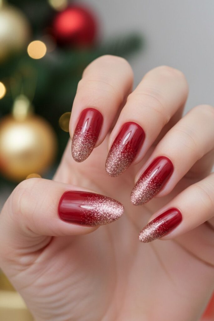 Rose-Gold Glitter Gradient over Red Nails