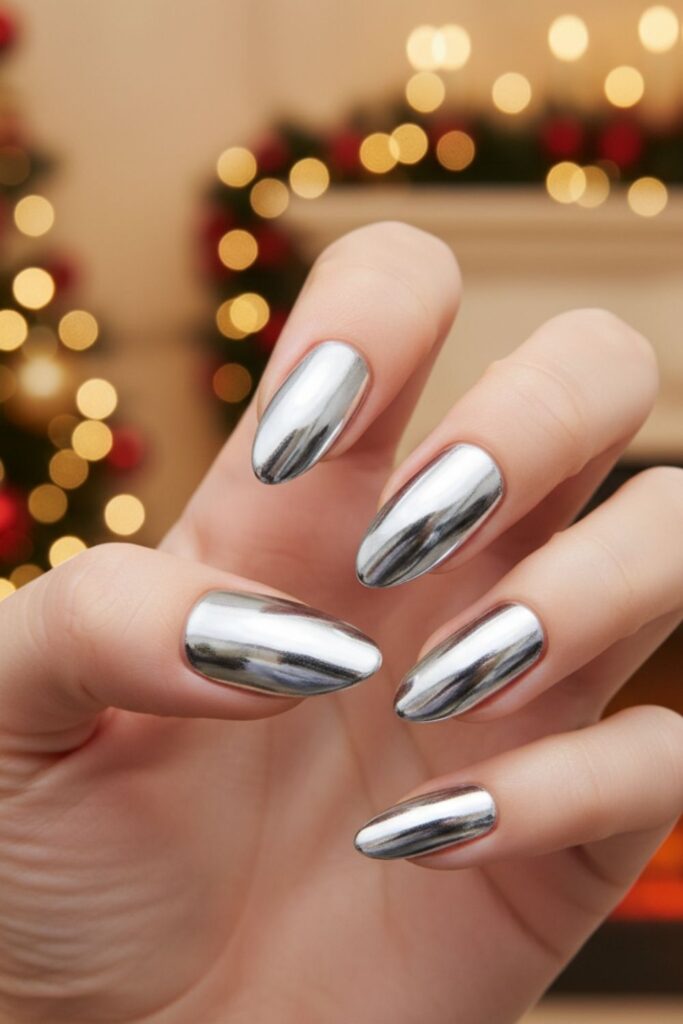 Metallic Silver Almond Nails