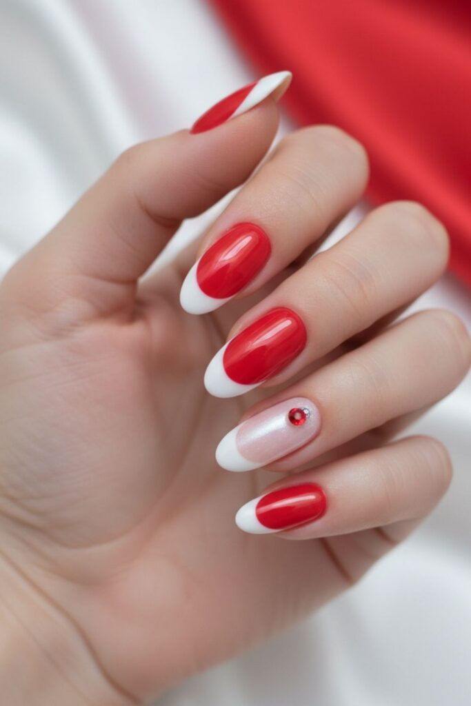 Candy Apple Red + Pearly White French Tip Nails
