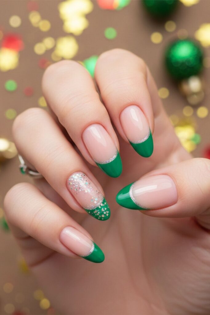 Emerald Green French Tip with Silver Pinstripe Nails