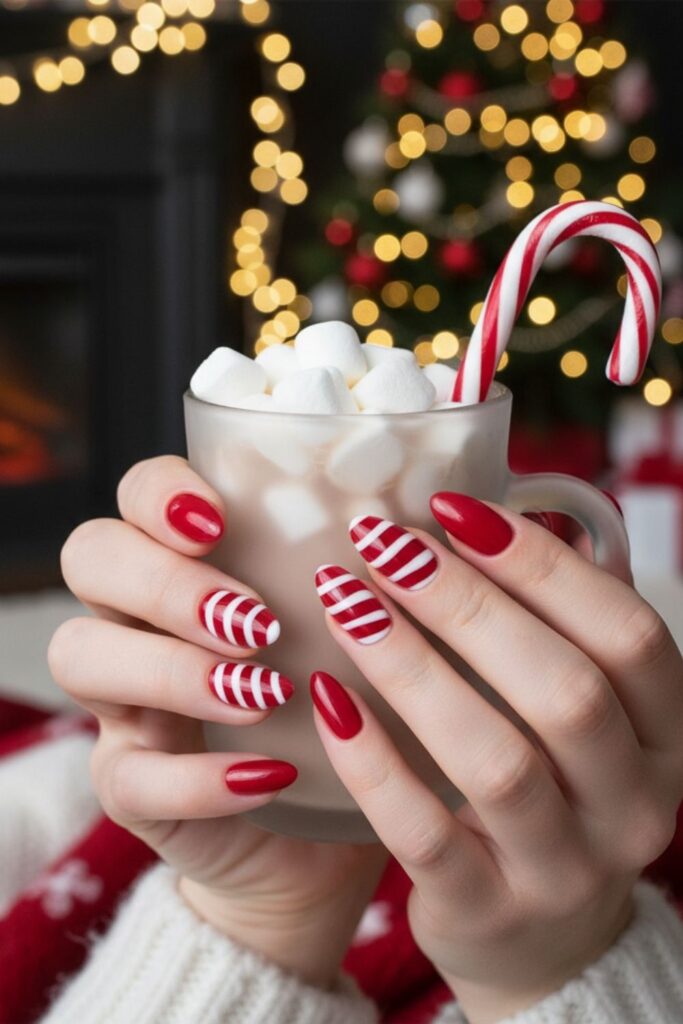 Candy Cane Red & White Almond Nails