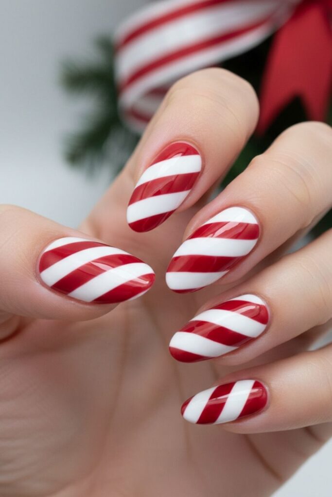 Candy Cane Stripes Almond Nails
