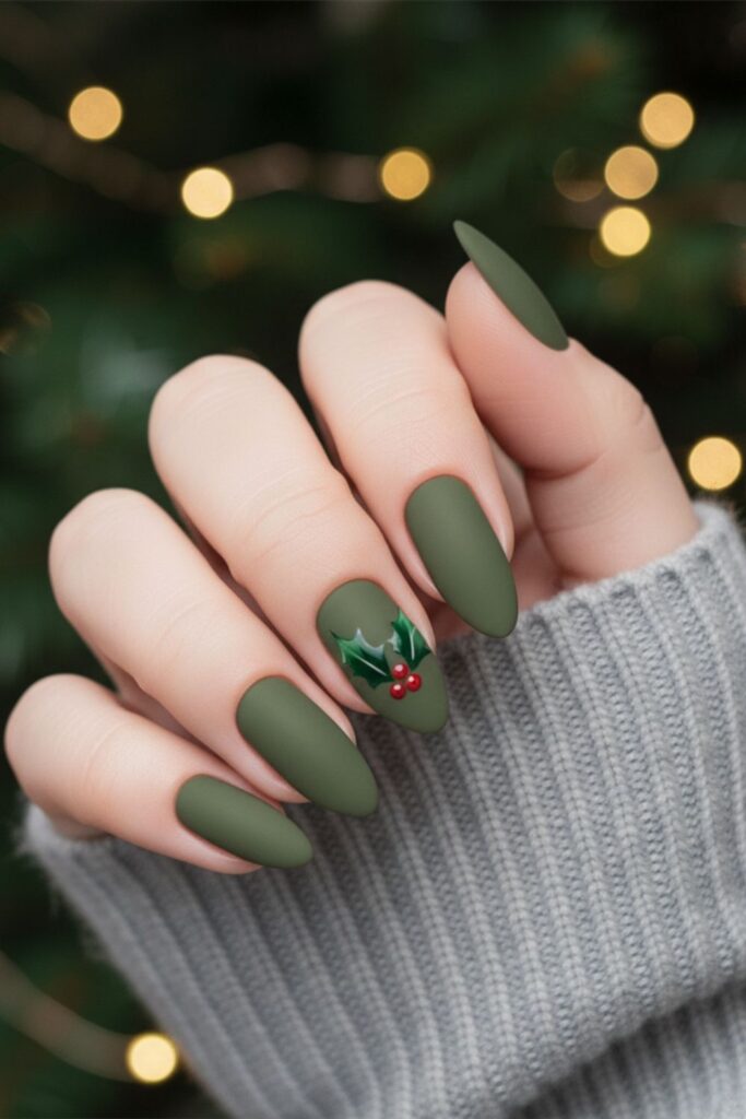 Olive Matte Holly Accent Nails