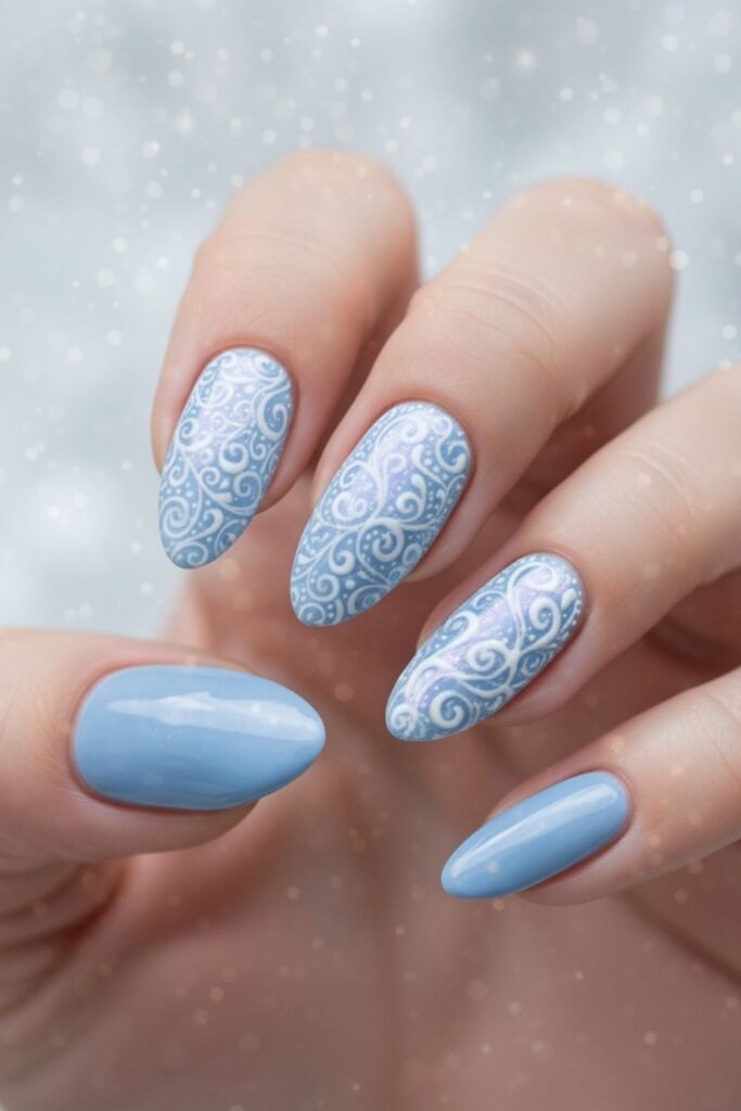 Icy Blue Snow-Swirl Accent Nails