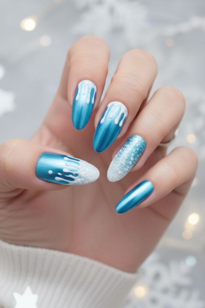 Icy Blue Chrome & Snow Drip Nails