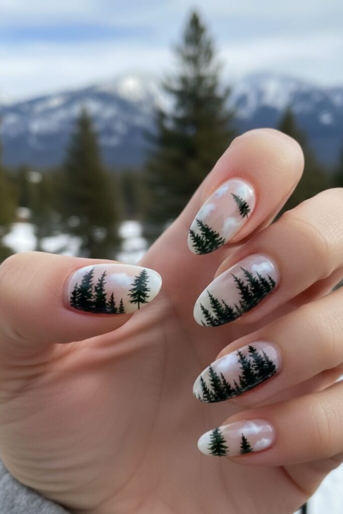 Pine Tree Silhouette Nails